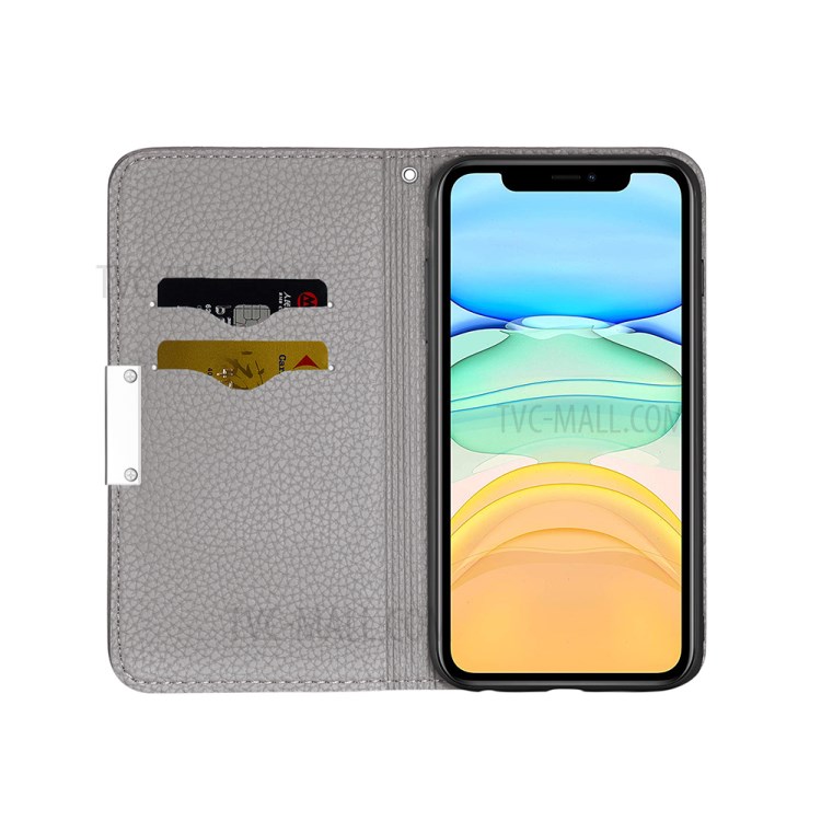 Litchi Skin Auto-absorbed Leather with Card Slots Shell for iPhone 12 Pro/12 - Grey-6