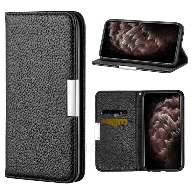 Litchi Skin Auto-absorbed Leather with Card Slots Shell for iPhone 12 Pro Max 6.7-inch - Black-1