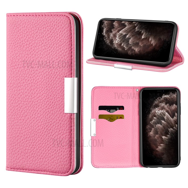 Litchi Skin Auto-absorbed Leather with Card Slots Shell for iPhone 12 Pro Max 6.7-inch - Pink-1