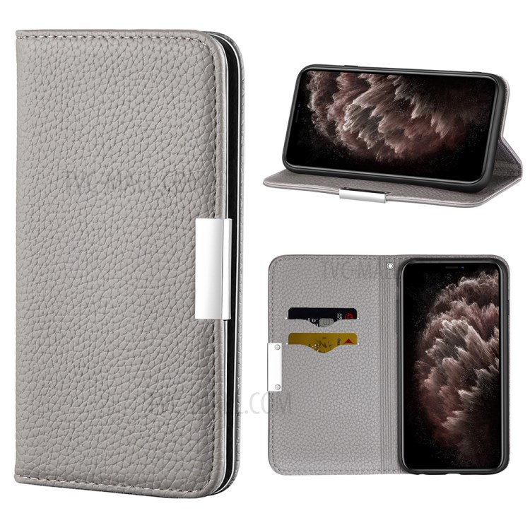 Litchi Skin Auto-absorbed Leather with Card Slots Shell for iPhone 12 Pro Max 6.7-inch - Grey-1
