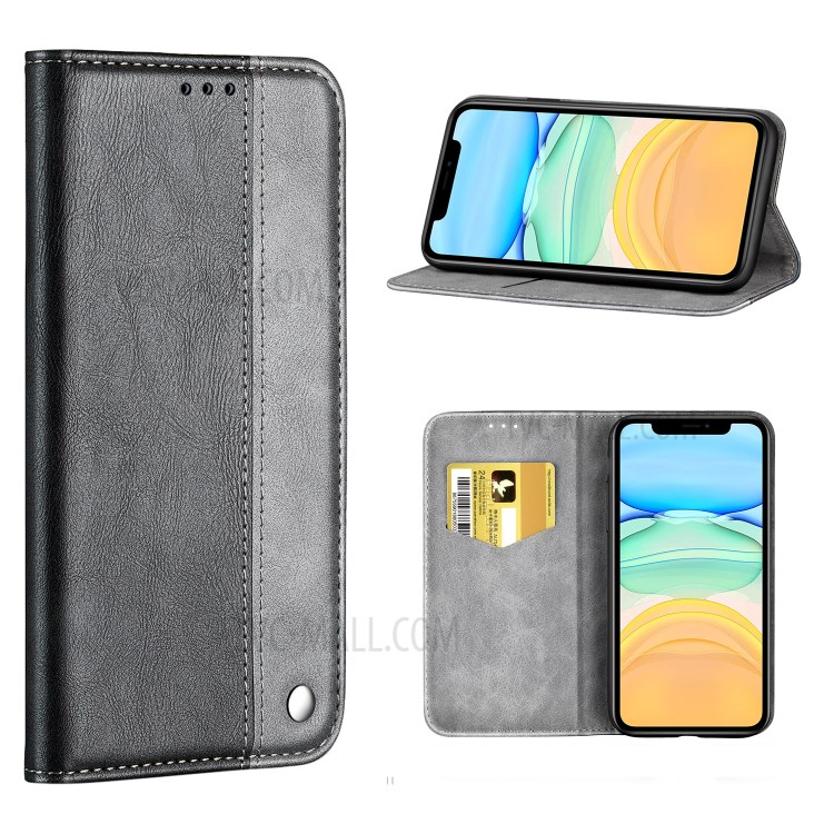 Bussiness Style Splicing PU Leather Card Slots Stand Phone Cover for iPhone 12 5.4 inch - Grey-1