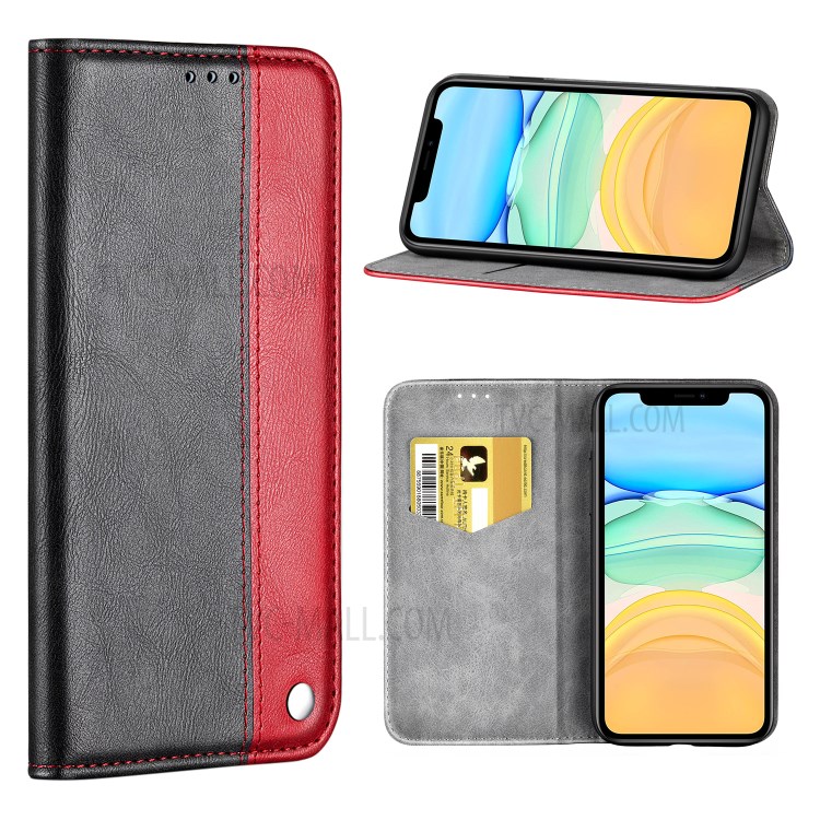 Bussiness Style Splicing PU Leather Card Slots Stand Phone Cover for iPhone 12 mini - Red-1