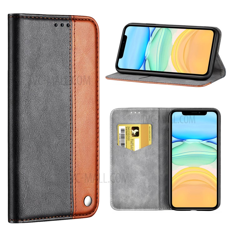 Bussiness Style Splicing PU Leather Card Slots Stand Phone Case for iPhone 12 Pro/12 - Brown-1
