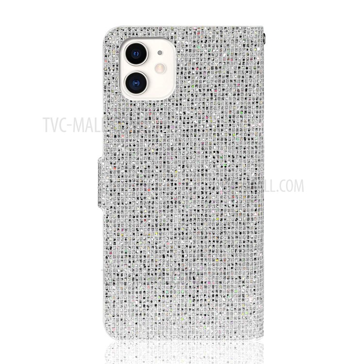 Glittery Powder Splicing Wallet Stand Leather Protective Case for iPhone 12 mini - Silver-2