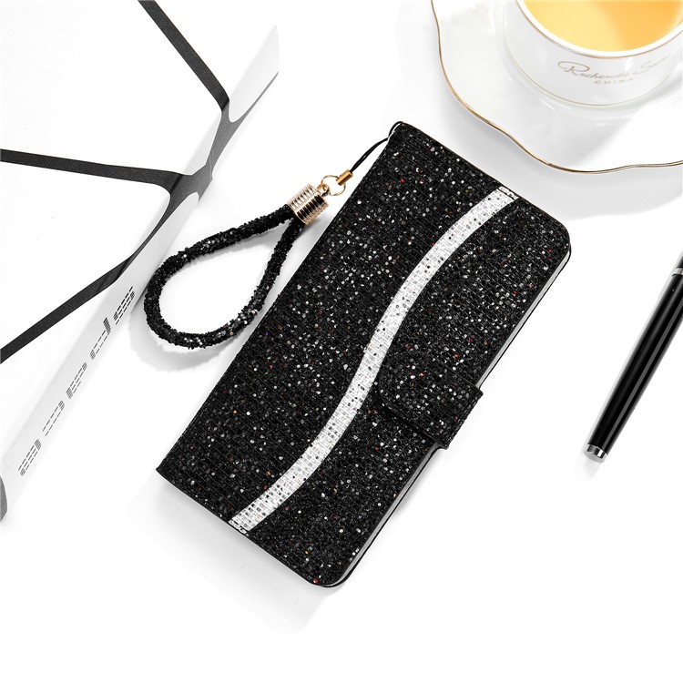 Glittery Powder Splicing Wallet Stand Leather Protective Case for iPhone 12 Pro/12 - Black-10