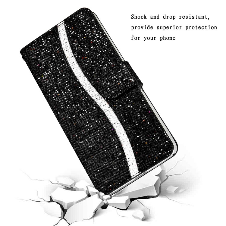 Glittery Powder Splicing Wallet Stand Leather Protective Case for iPhone 12 Pro/12 - Black-7