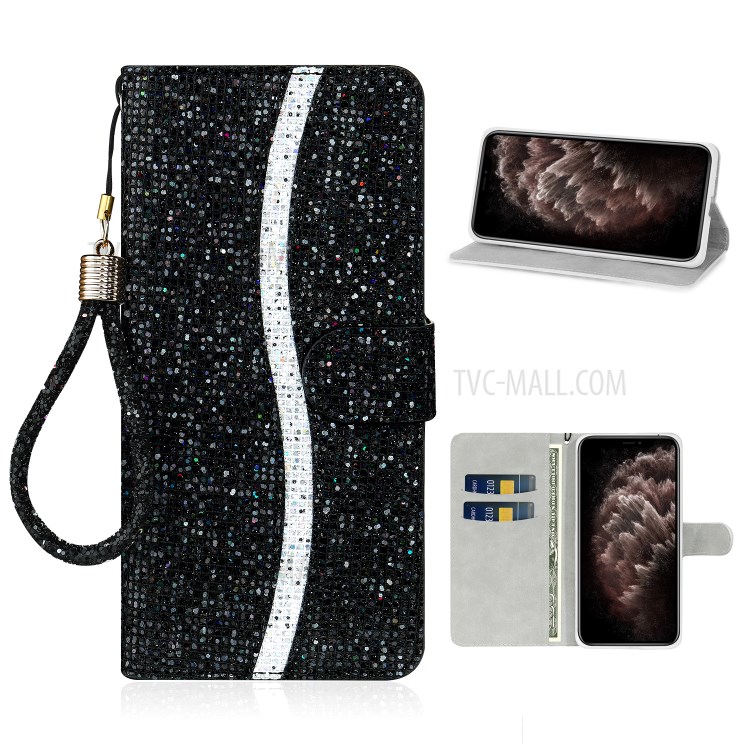 Glittery Powder Splicing Wallet Stand Leather Phone Cover for iPhone 12 Pro Max 6.7 inch - Black-1