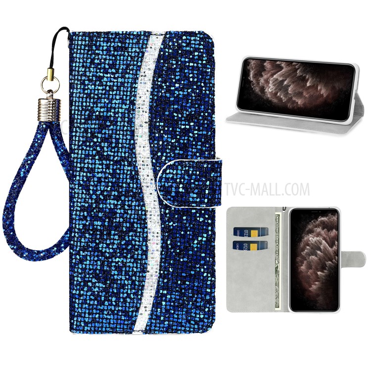 Glittery Powder Splicing Wallet Stand Leather Phone Cover for iPhone 12 Pro Max 6.7 inch - Blue-1