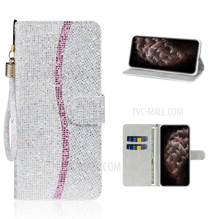 Glittery Powder Splicing Wallet Stand Leather Phone Cover for iPhone 12 Pro Max 6.7 inch - Silver-1