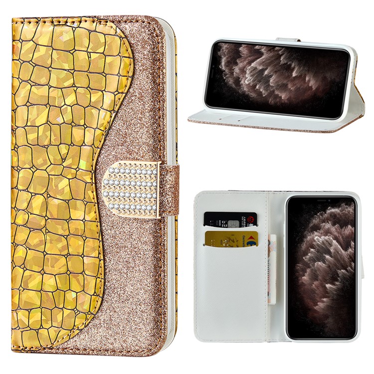 Crocodile Texture + Flash Powder Leather Shell for iPhone 12 Pro Max 6.7 inch - Gold-1