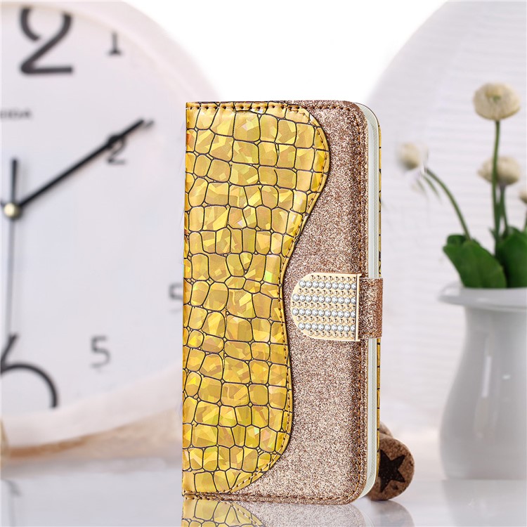 Crocodile Texture + Flash Powder Leather Shell for iPhone 12 Pro Max 6.7 inch - Gold-12