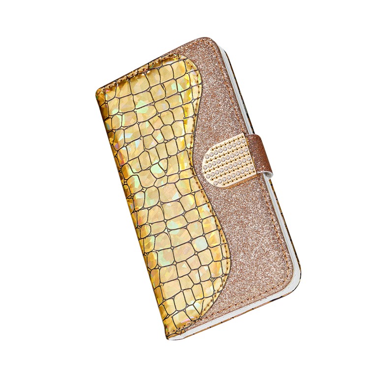 Crocodile Texture + Flash Powder Leather Shell for iPhone 12 Pro Max 6.7 inch - Gold-4