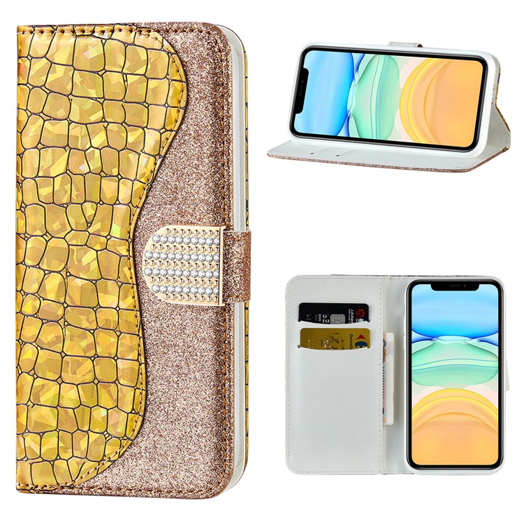 Crocodile Skin Glittery Powder Splicing Leather Cover for iPhone 12 Pro/12 - Gold-1