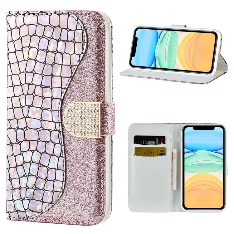 Crocodile Skin Glittery Powder Splicing Leather Cover for iPhone 12 Pro/12 - Rose Gold-1