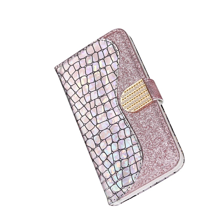 Crocodile Skin Glittery Powder Splicing Leather Cover for iPhone 12 Pro/12 - Rose Gold-4