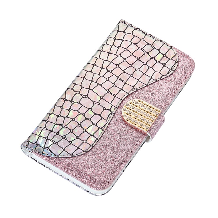 Crocodile Skin Glittery Powder Splicing Leather Cover for iPhone 12 Pro/12 - Rose Gold-5