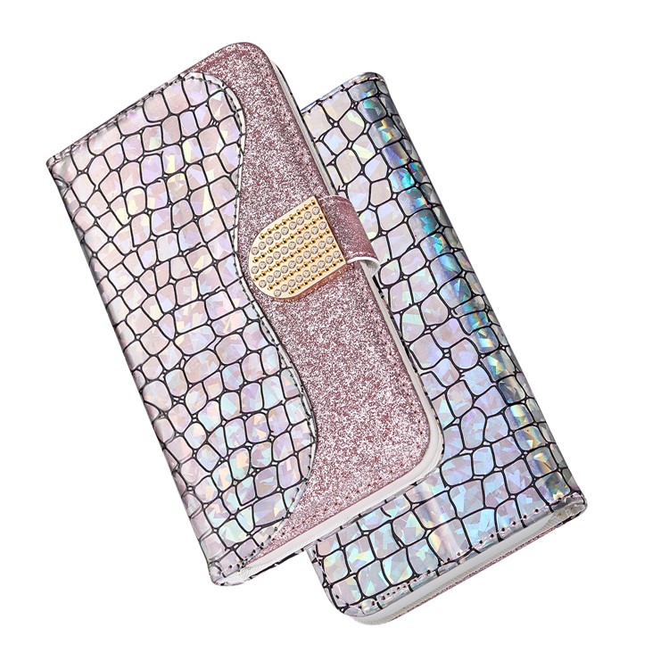 Crocodile Skin Glittery Powder Splicing Leather Cover for iPhone 12 Pro/12 - Rose Gold-7