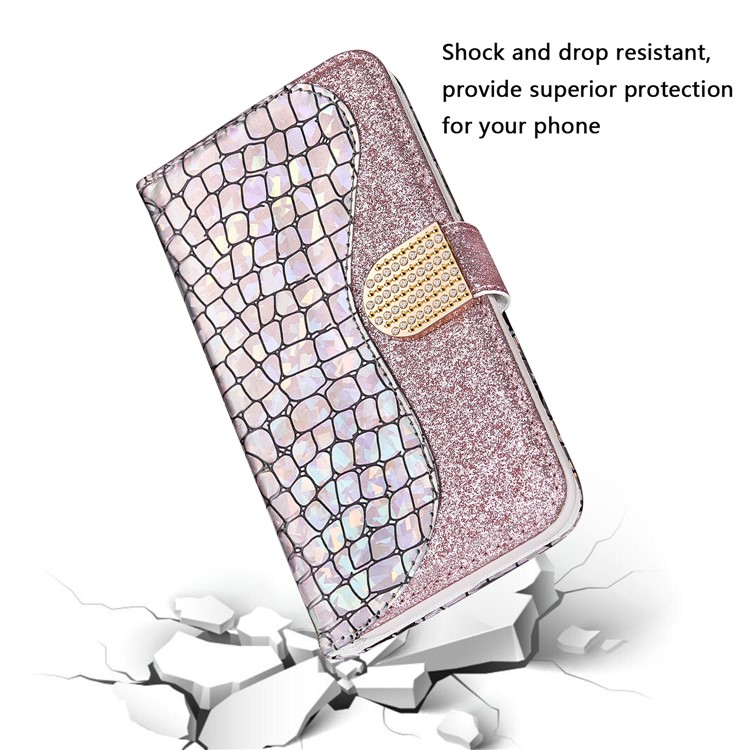 Crocodile Skin Glittery Powder Splicing Leather Cover for iPhone 12 Pro/12 - Rose Gold-8