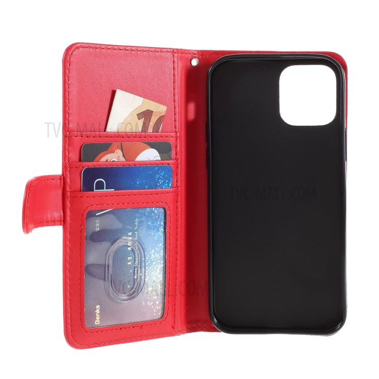 Smooth-Surface Leather Wallet Cell Phone Protective Case with Slots for iPhone 12 Pro Max - Red-6