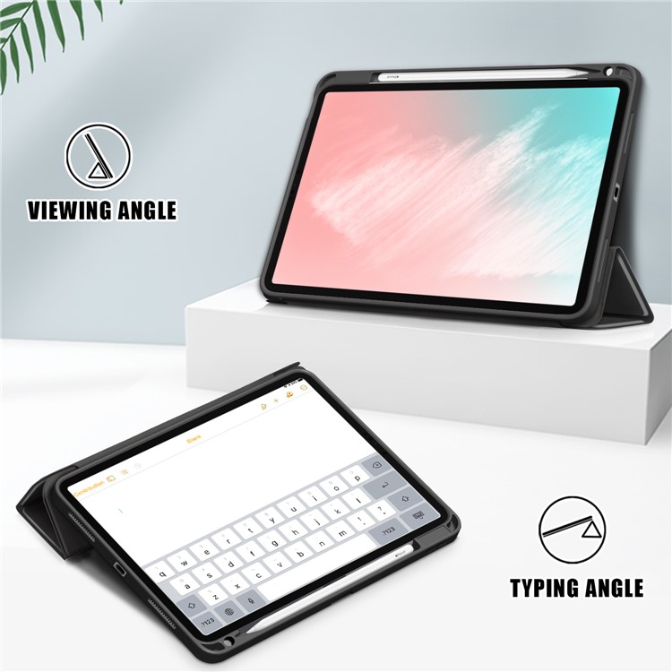 Auto Wake/Sleep Litch Skin PU Leather Tri-pliefle Case Con Soporte de Lápiz Para Ipad Air (2020)/aire (2022) - Negro