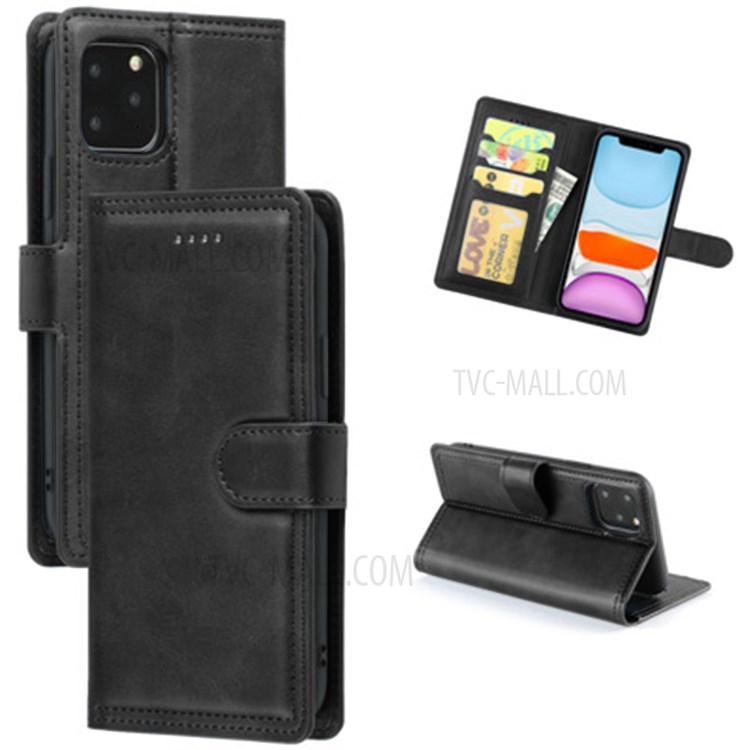 Double Line Leather Wallet Stand Phone Case for iPhone 12 Pro/12 Max 6.1 inch - Black-1