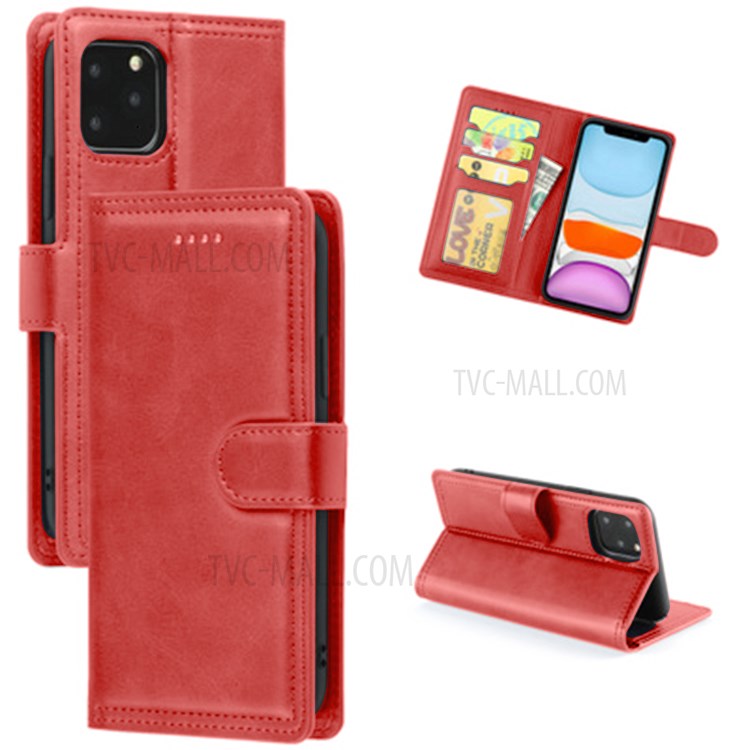 Double Line Leather Wallet Stand Phone Case for iPhone 12 Pro/12 - Red-1