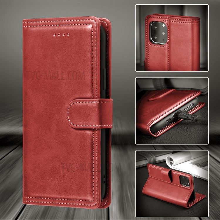 Double Line Leather Wallet Stand Phone Case for iPhone 12 Pro/12 - Red-4