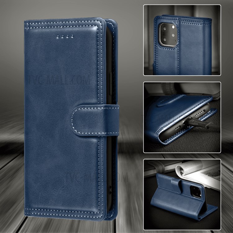 Double Line Leather Wallet Protective Phone Cover for iPhone 12 Pro Max 6.7 inch - Blue-4