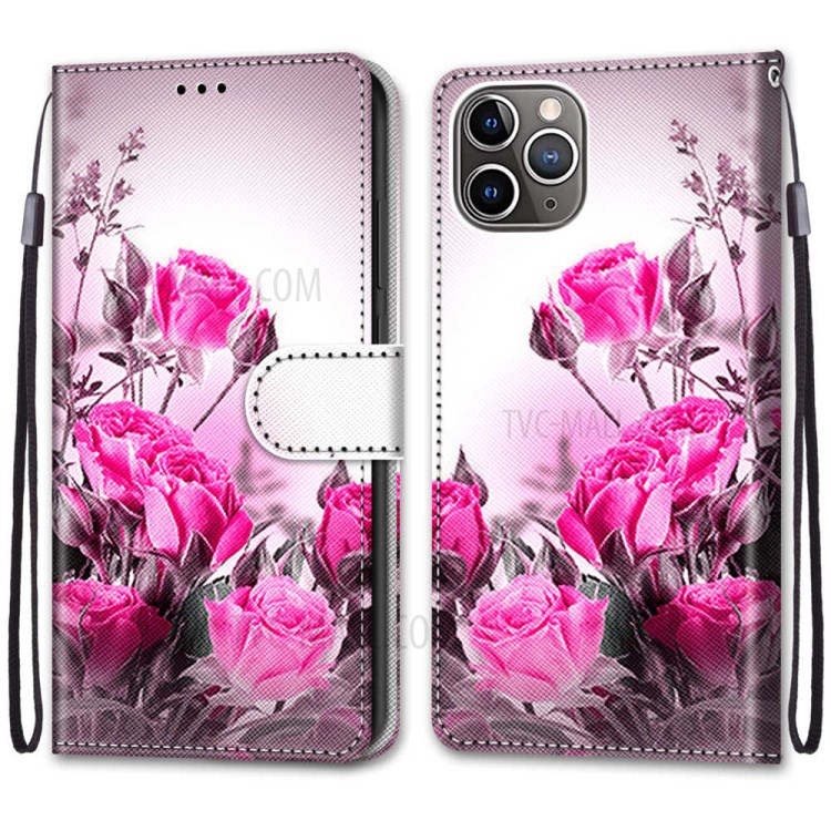 Pattern Printing Cross Texture Leather Wallet Phone Cover with Strap for iPhone 12 Pro Max 6.7 inch - Rose-2