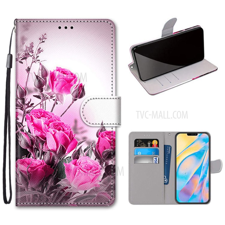 Printing Skin Leather with Wallet Cover with Strap for iPhone 12 Pro/12 - Flower-1