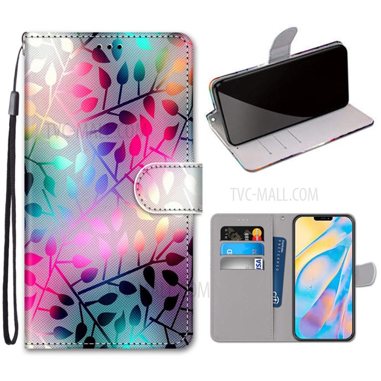 Printing Skin Leather with Wallet Cover with Strap for iPhone 12 Pro/12 - Colorful Leaves-1