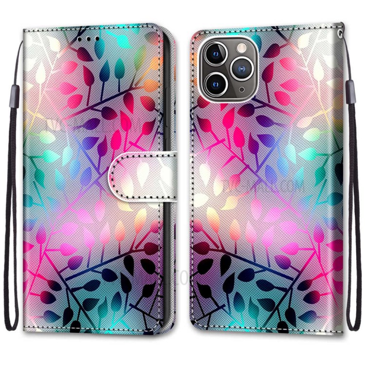 Printing Skin Leather with Wallet Cover with Strap for iPhone 12 Pro/12 - Colorful Leaves-2