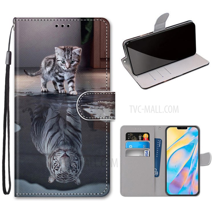 Printing Skin Leather with Wallet Cover with Strap for iPhone 12 Pro/12 - Cat and Tiger Reflection-1