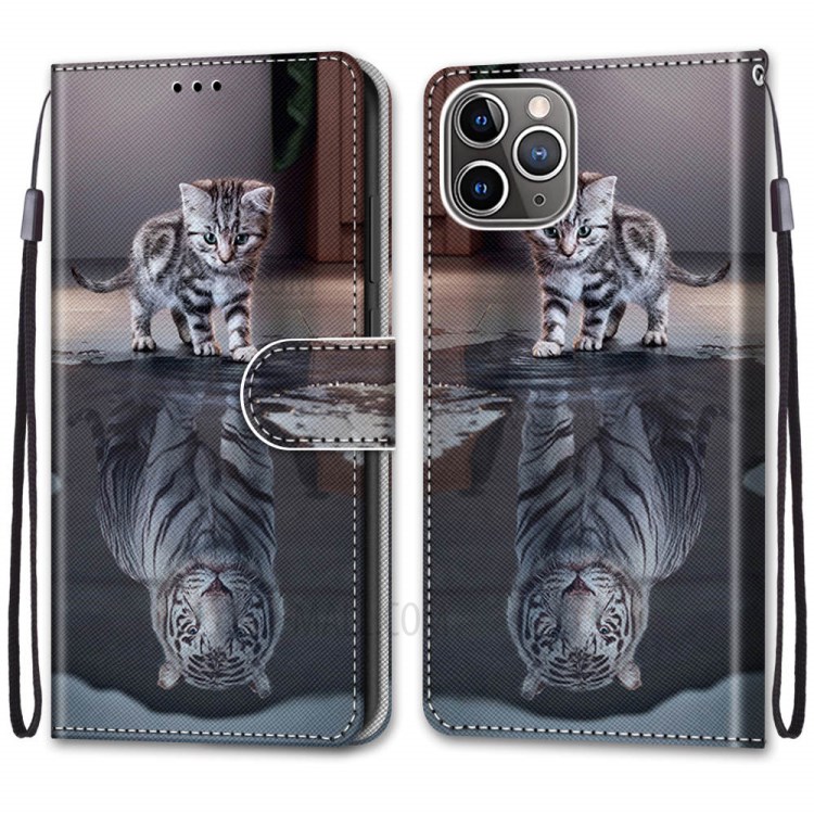 Printing Skin Leather with Wallet Cover with Strap for iPhone 12 Pro/12 - Cat and Tiger Reflection-2
