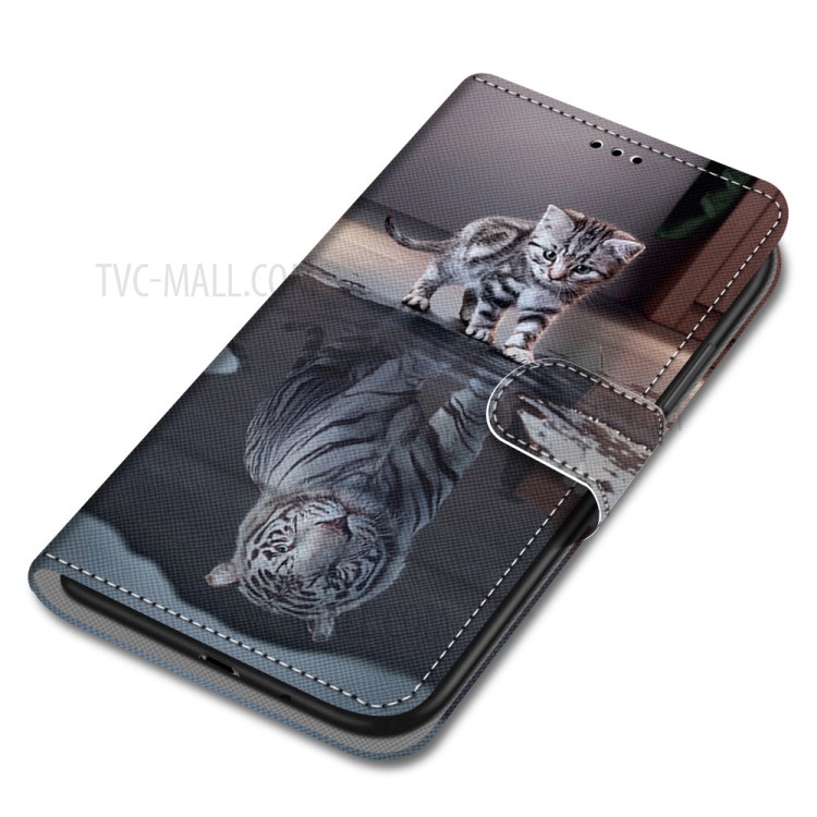 Printing Skin Leather with Wallet Cover with Strap for iPhone 12 Pro/12 - Cat and Tiger Reflection-3