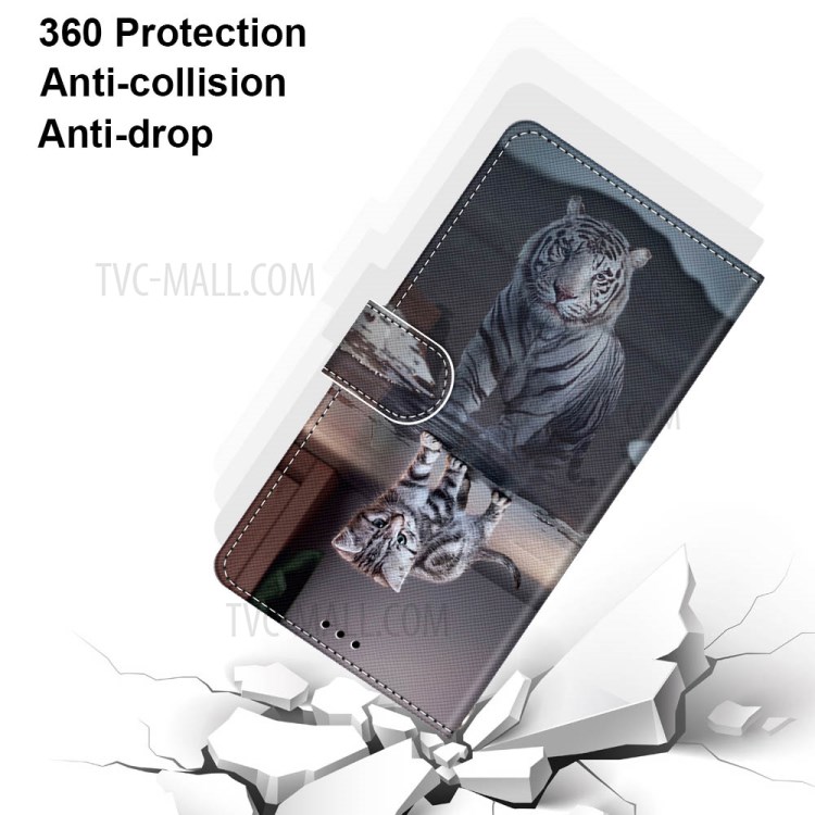 Printing Skin Leather with Wallet Cover with Strap for iPhone 12 Pro/12 - Cat and Tiger Reflection-4
