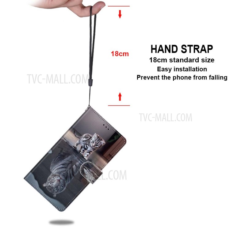 Printing Skin Leather with Wallet Cover with Strap for iPhone 12 Pro/12 - Cat and Tiger Reflection-5
