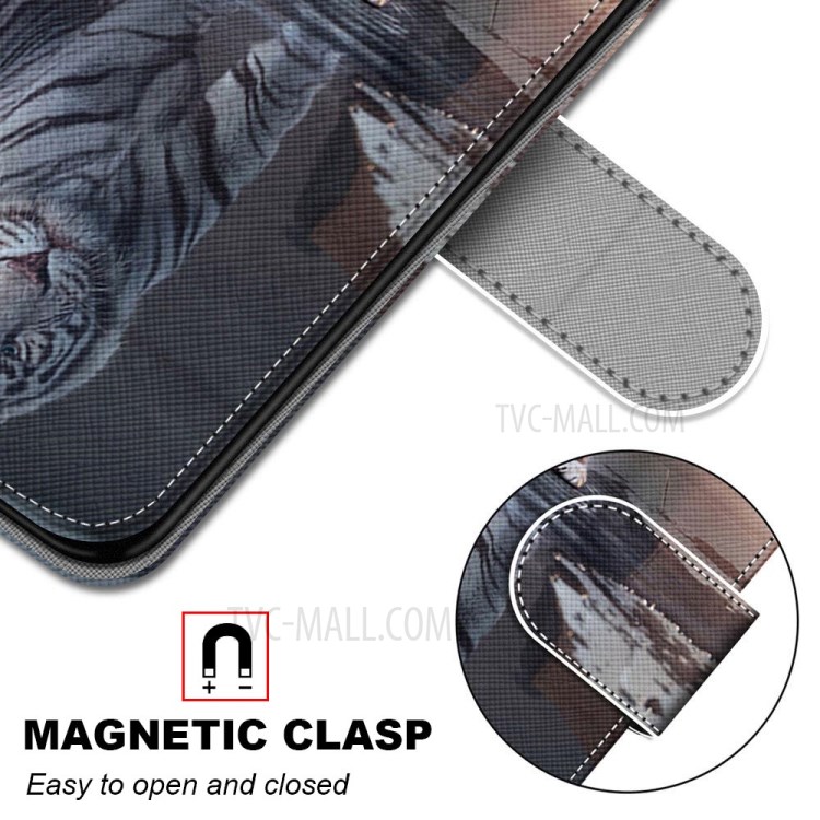 Printing Skin Leather with Wallet Cover with Strap for iPhone 12 Pro/12 - Cat and Tiger Reflection-6