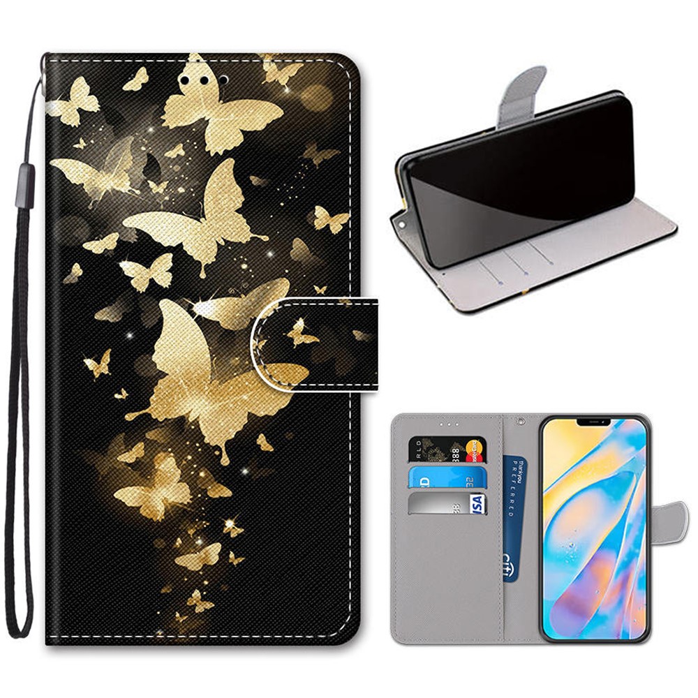 Printing Skin Leather with Wallet Cover with Strap for iPhone 12 Pro/12 - Gold Butterfly-1