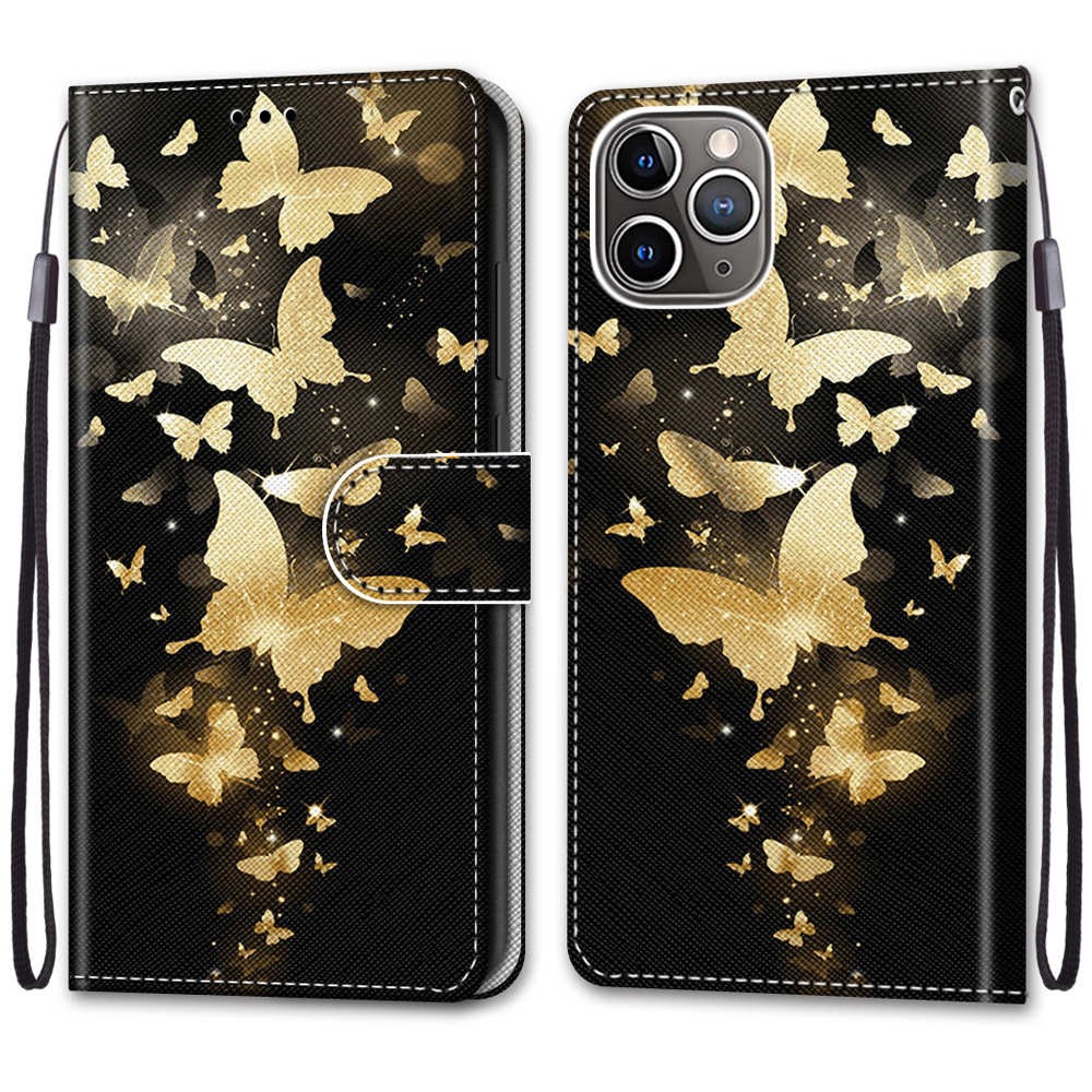 Printing Skin Leather with Wallet Cover with Strap for iPhone 12 Pro/12 - Gold Butterfly-2