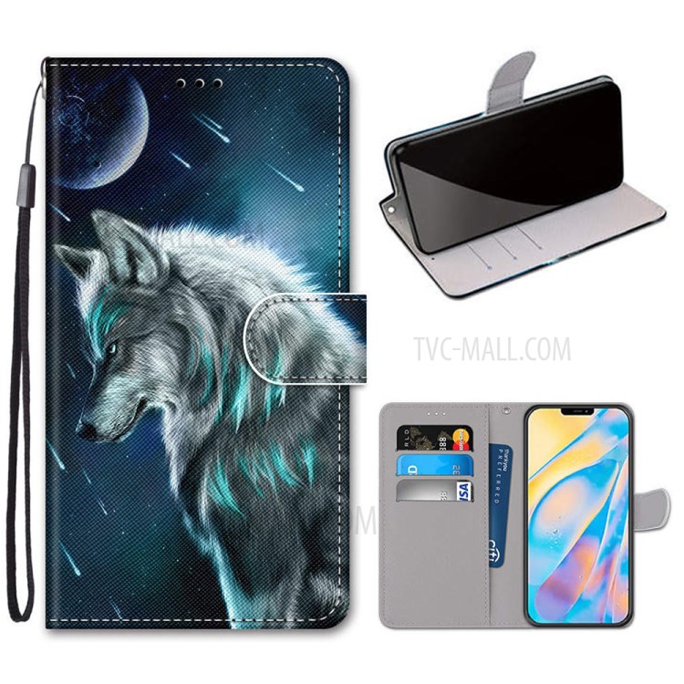 Printing Texture Leather Cell Phone Cover with Strap for iPhone 12 mini - Wolf-1