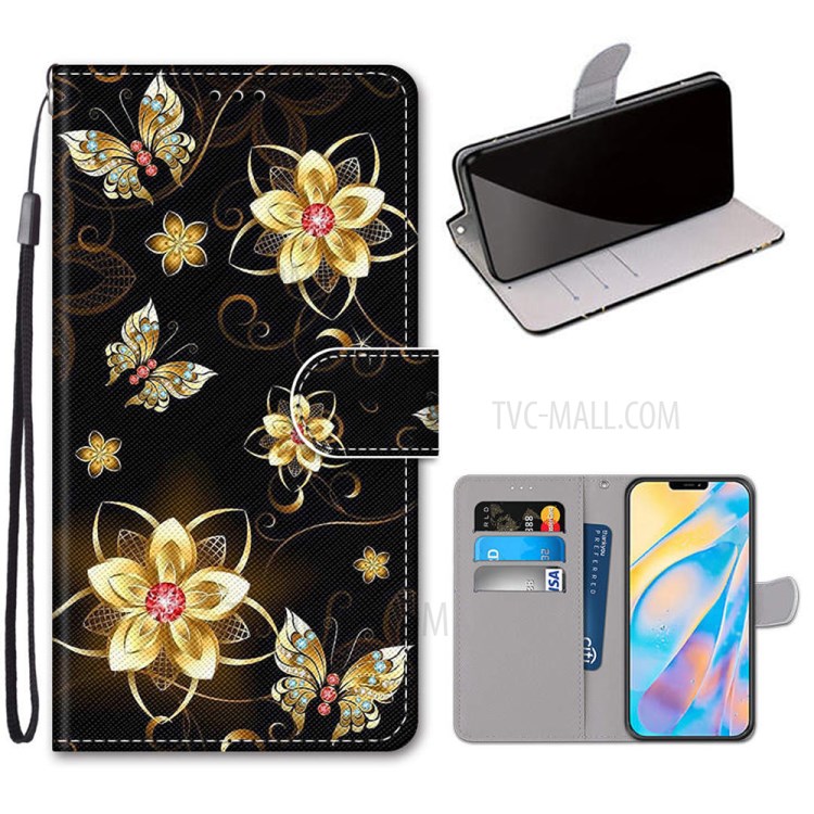 Printing Texture Leather Cell Phone Cover with Strap for iPhone 12 mini - Gold Flowers-1