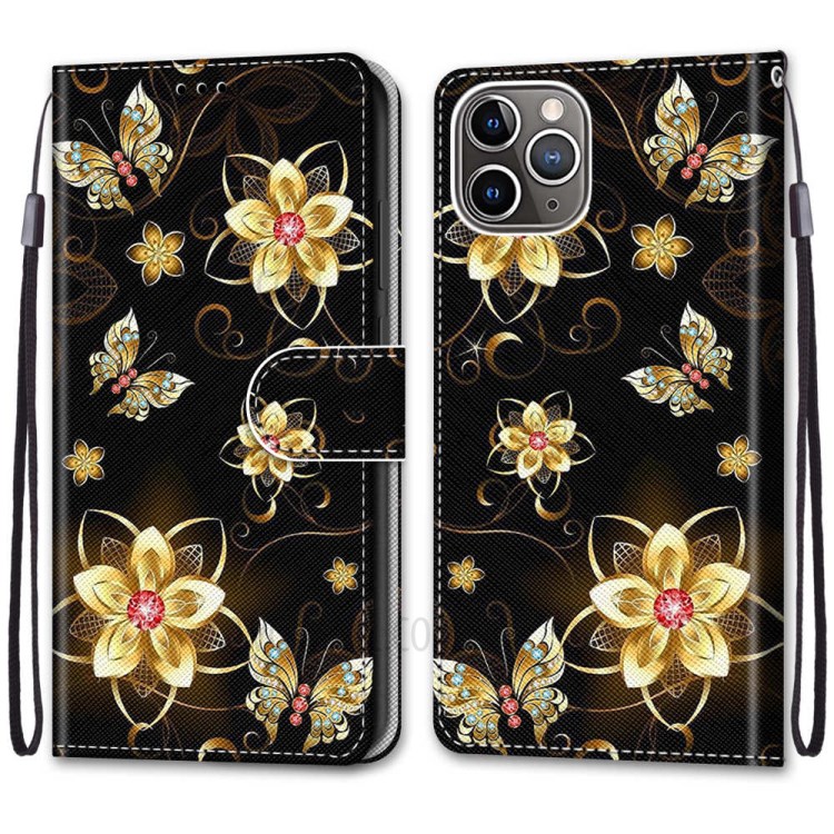 Printing Texture Leather Cell Phone Cover with Strap for iPhone 12 mini - Gold Flowers-2