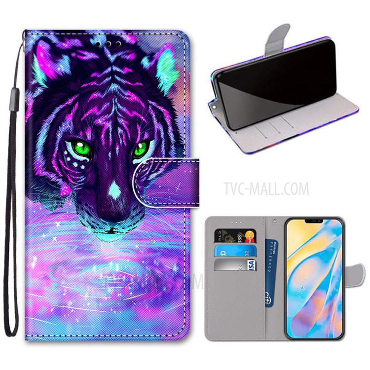 Printing Texture Leather Cell Phone Cover with Strap for iPhone 12 mini - Tiger-1