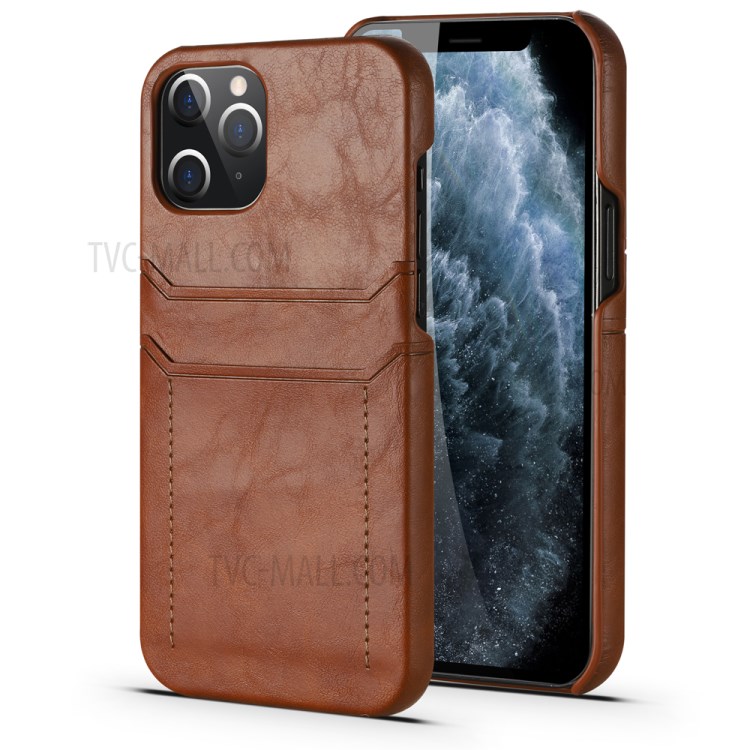 PU Leather Coated PC Shell with Card Holder Cover for iPhone 12 Pro Max 6.7 inch - Brown-1