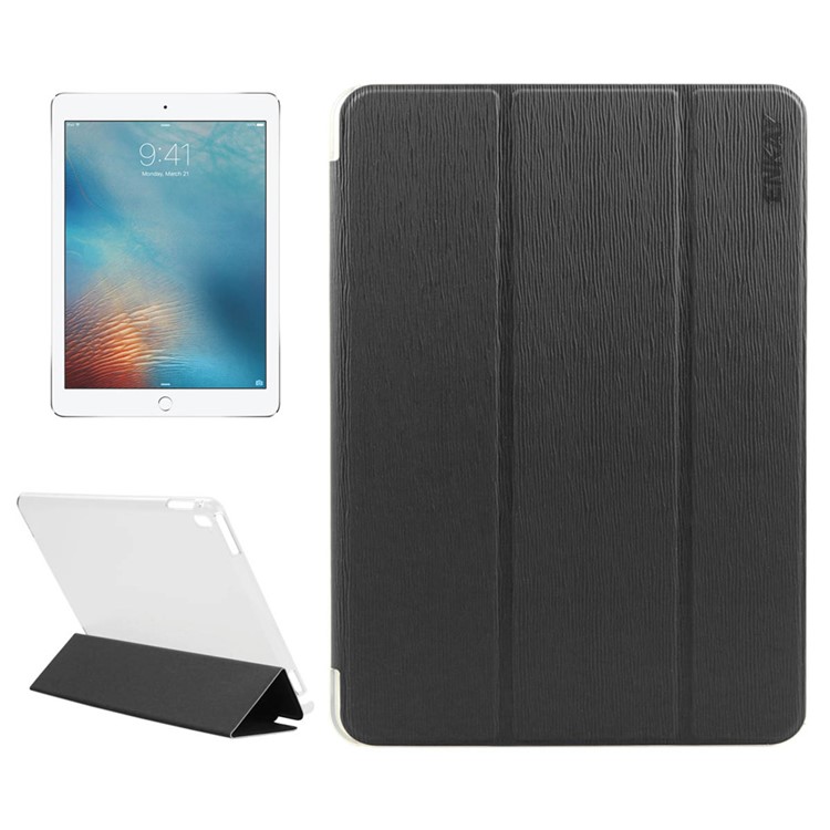 ENKAY for iPad Pro 9.7 inch Smart Tri-fold Toothpick Grain Leather Case - Black-1