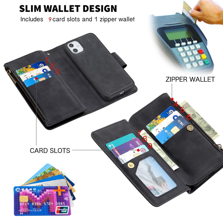 Zipper Pocket Detachable 2-in-1 Leather Wallet Stand Case for iPhone 11 6.1-inch - Black-6