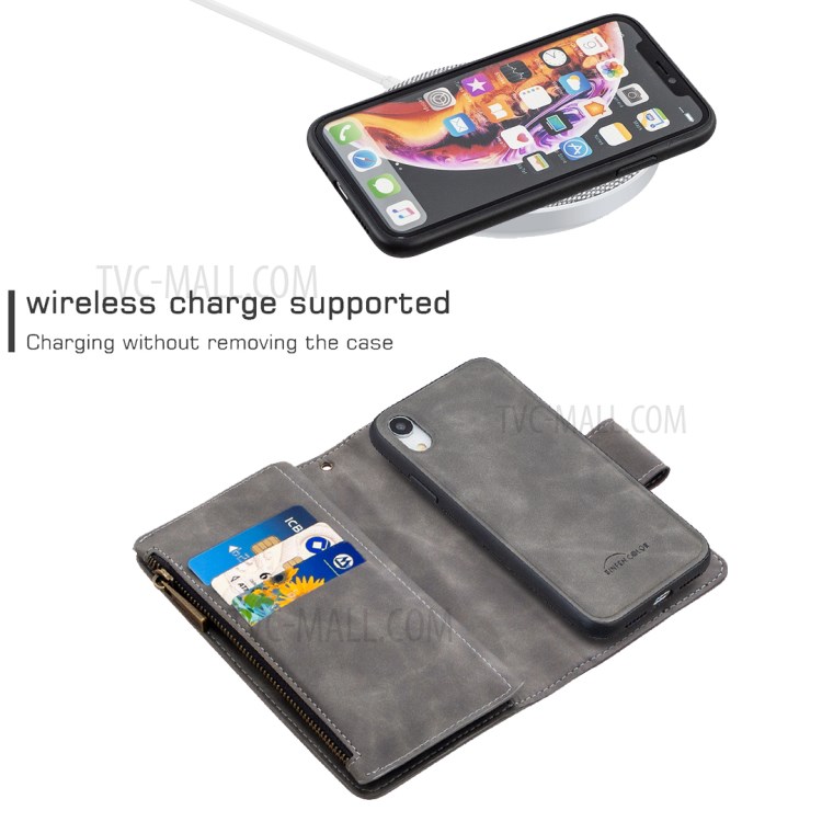 Zipper Pocket Detachable 2-in-1 Leather Wallet Stand Case for iPhone XR 6.1-inch - Grey-4