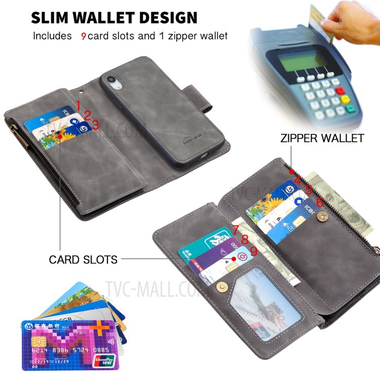 Zipper Pocket Detachable 2-in-1 Leather Wallet Stand Case for iPhone XR 6.1-inch - Grey-6