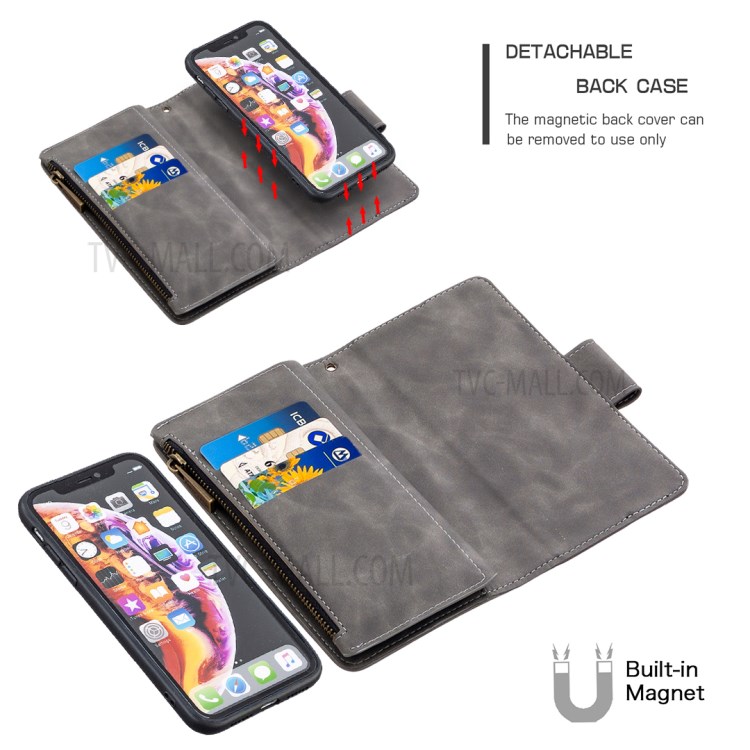 Zipper Pocket Detachable 2-in-1 Leather Wallet Stand Case for iPhone XR 6.1-inch - Grey-7